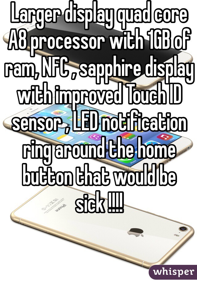 Larger display quad core A8 processor with 1GB of ram, NFC , sapphire display with improved Touch ID sensor , LED notification ring around the home button that would be sick !!!! 