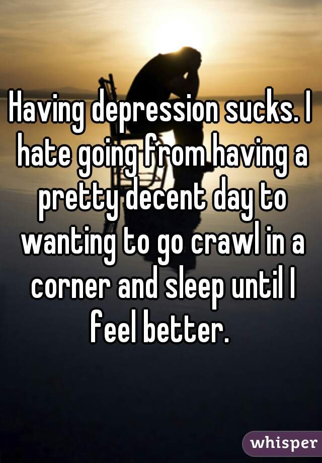 Having depression sucks. I hate going from having a pretty decent day to wanting to go crawl in a corner and sleep until I feel better. 