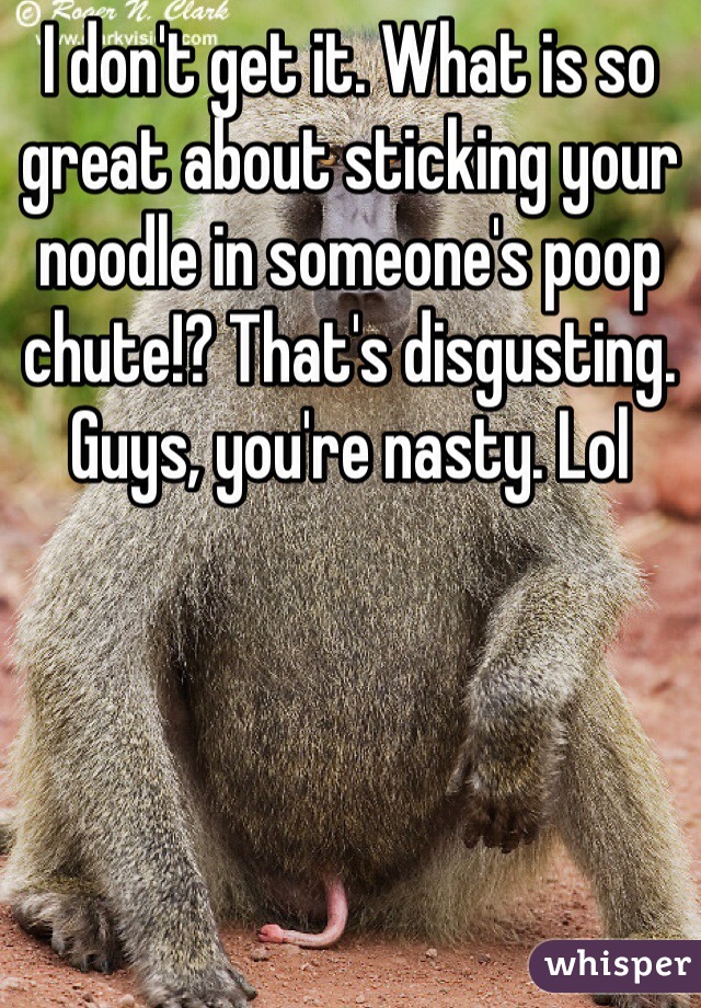 I don't get it. What is so great about sticking your noodle in someone's poop chute!? That's disgusting. Guys, you're nasty. Lol