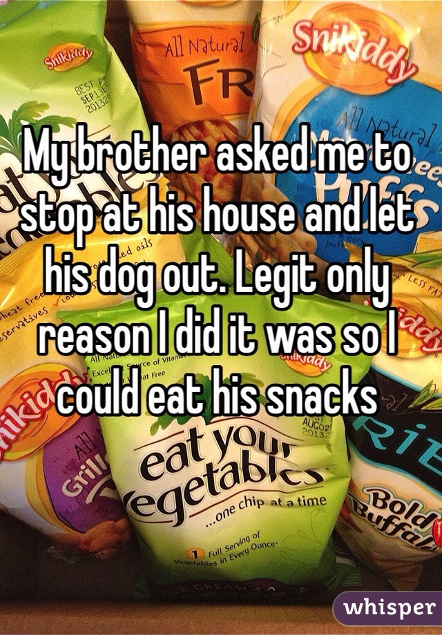 My brother asked me to stop at his house and let his dog out. Legit only reason I did it was so I could eat his snacks 