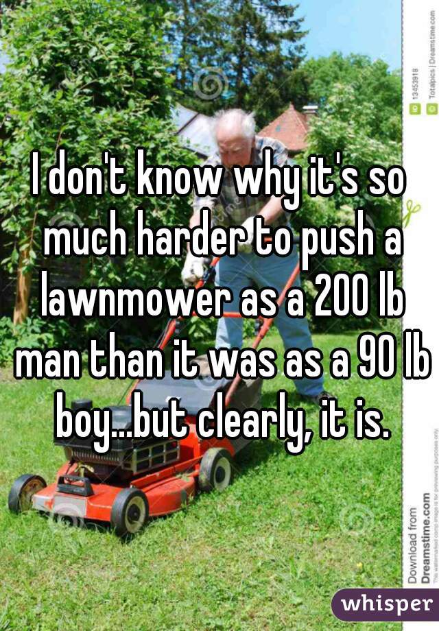 I don't know why it's so much harder to push a lawnmower as a 200 lb man than it was as a 90 lb boy...but clearly, it is.