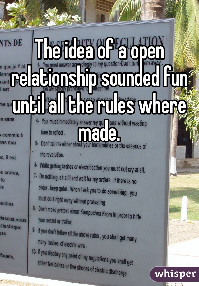 The idea of a open relationship sounded fun until all the rules where made. 