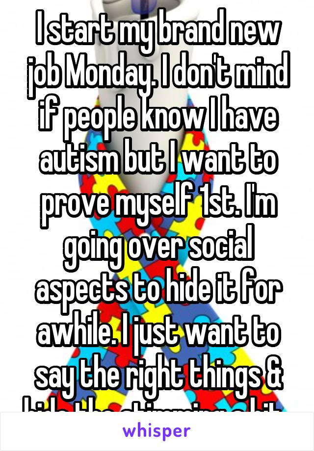 I start my brand new job Monday. I don't mind if people know I have autism but I want to prove myself 1st. I'm going over social aspects to hide it for awhile. I just want to say the right things & hide the stimming a bit. 