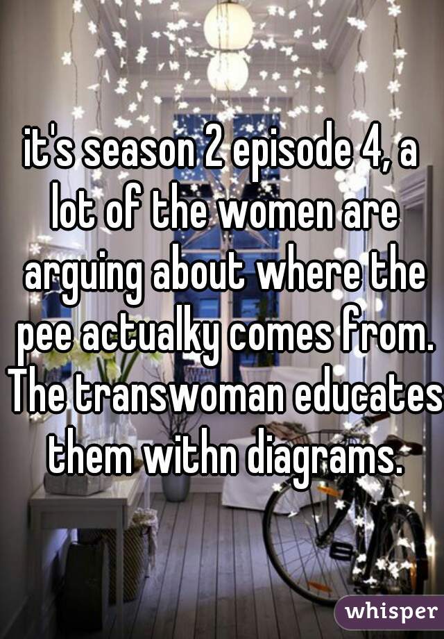 it's season 2 episode 4, a lot of the women are arguing about where the pee actualky comes from. The transwoman educates them withn diagrams.