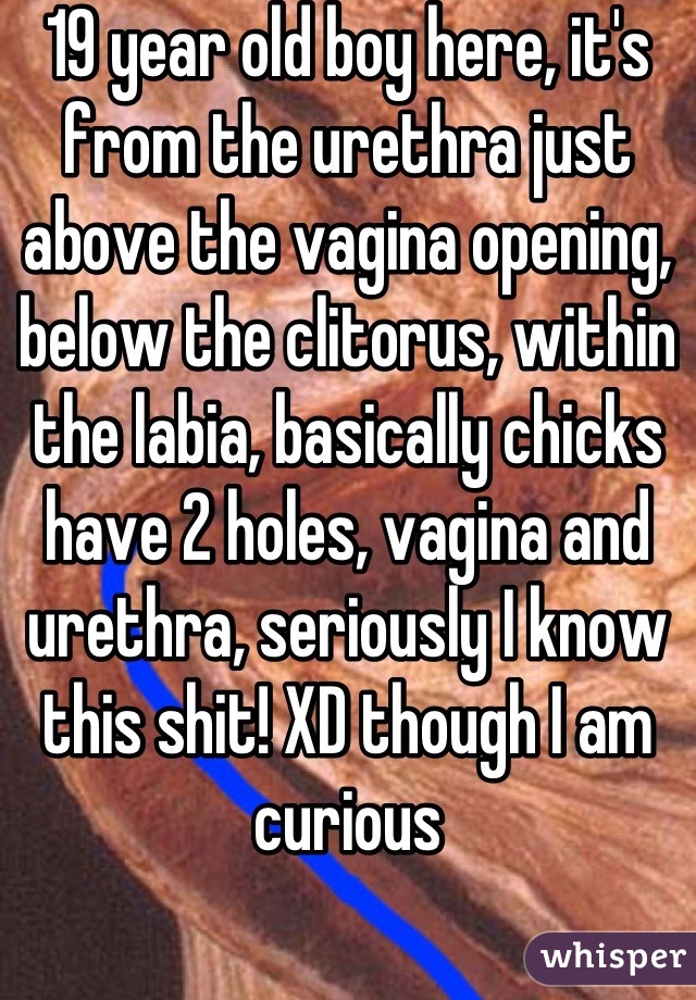 19 year old boy here, it's from the urethra just above the vagina opening, below the clitorus, within the labia, basically chicks have 2 holes, vagina and urethra, seriously I know this shit! XD though I am curious