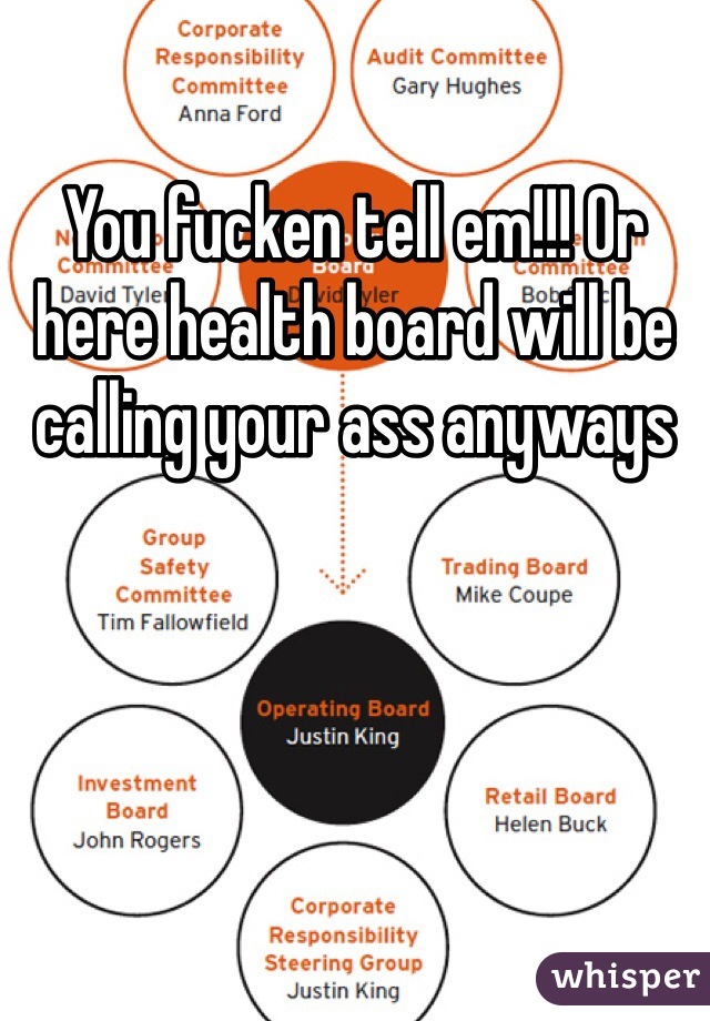 You fucken tell em!!! Or here health board will be calling your ass anyways