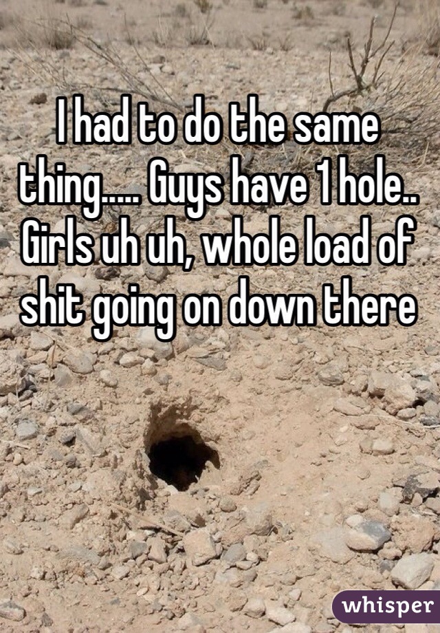 I had to do the same thing..... Guys have 1 hole.. Girls uh uh, whole load of shit going on down there