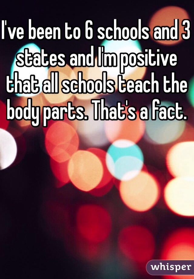 I've been to 6 schools and 3 states and I'm positive that all schools teach the body parts. That's a fact. 