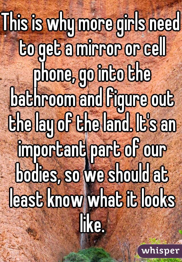 This is why more girls need to get a mirror or cell phone, go into the bathroom and figure out the lay of the land. It's an important part of our bodies, so we should at least know what it looks like.