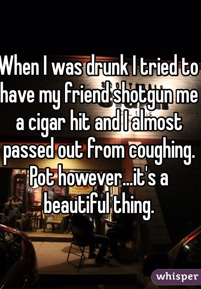 When I was drunk I tried to have my friend shotgun me a cigar hit and I almost passed out from coughing. Pot however...it's a beautiful thing.