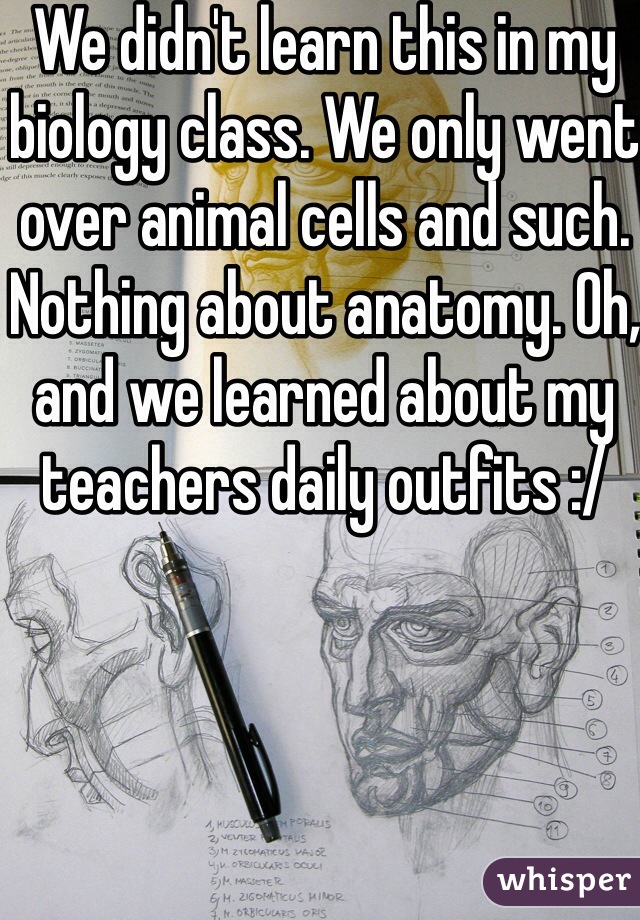 We didn't learn this in my biology class. We only went over animal cells and such. Nothing about anatomy. Oh, and we learned about my teachers daily outfits :/