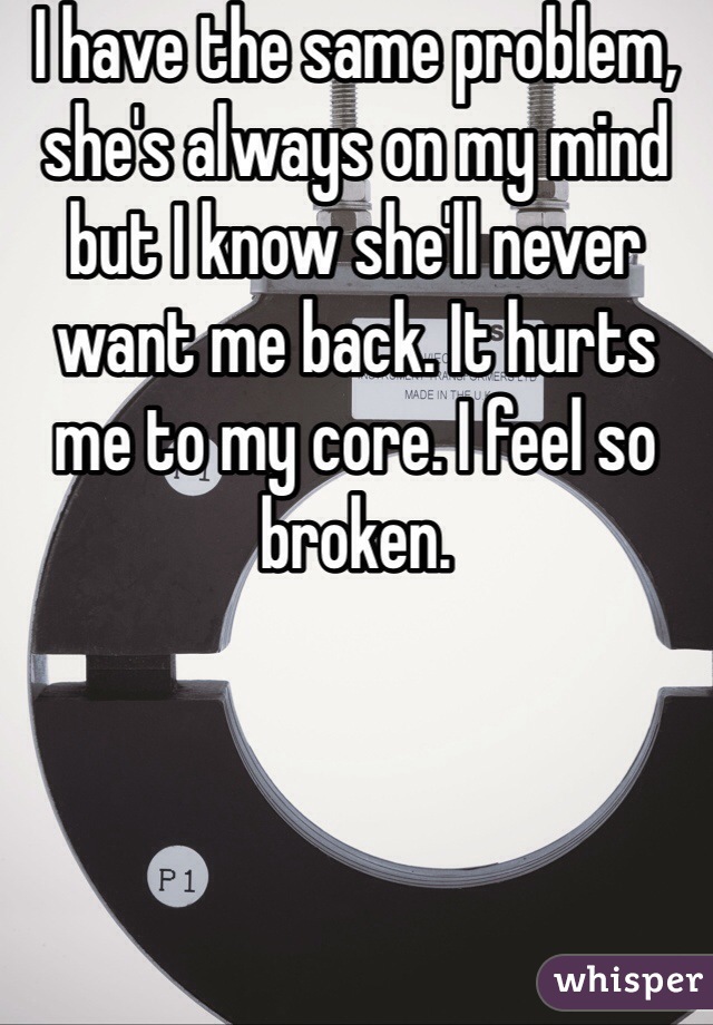 I have the same problem, she's always on my mind but I know she'll never want me back. It hurts me to my core. I feel so broken.