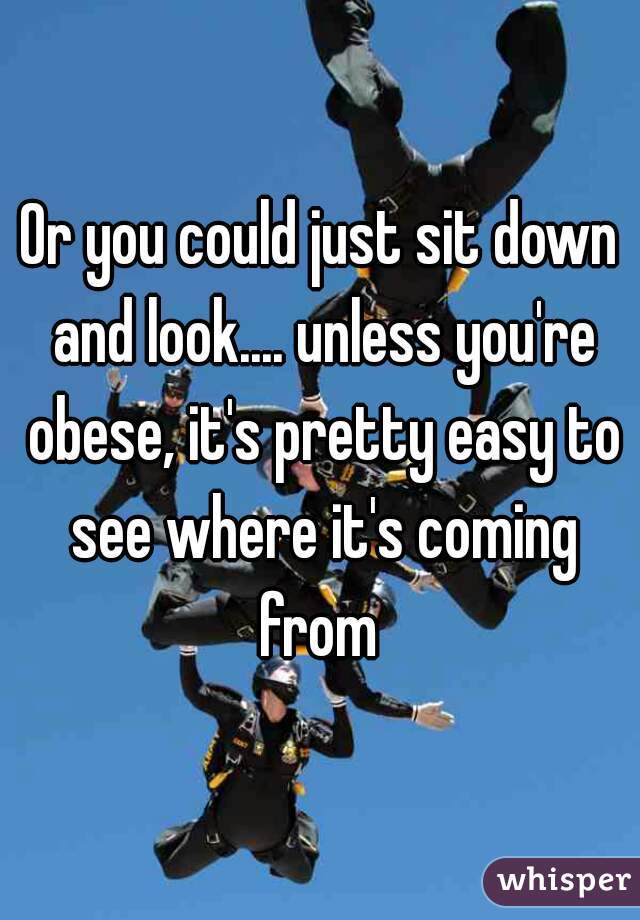 Or you could just sit down and look.... unless you're obese, it's pretty easy to see where it's coming from 