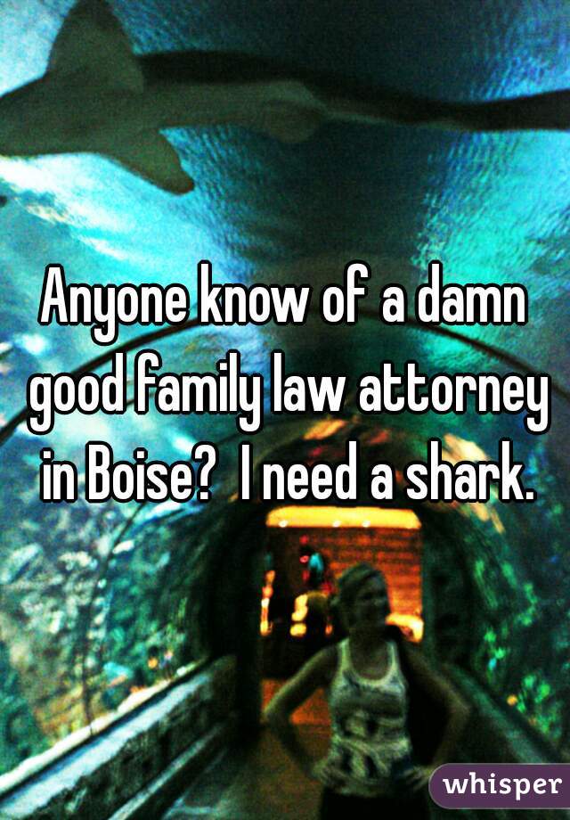 Anyone know of a damn good family law attorney in Boise?  I need a shark.
