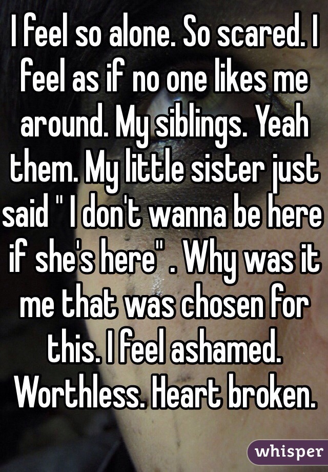 I feel so alone. So scared. I feel as if no one likes me around. My siblings. Yeah them. My little sister just said " I don't wanna be here if she's here" . Why was it me that was chosen for this. I feel ashamed. Worthless. Heart broken. 
