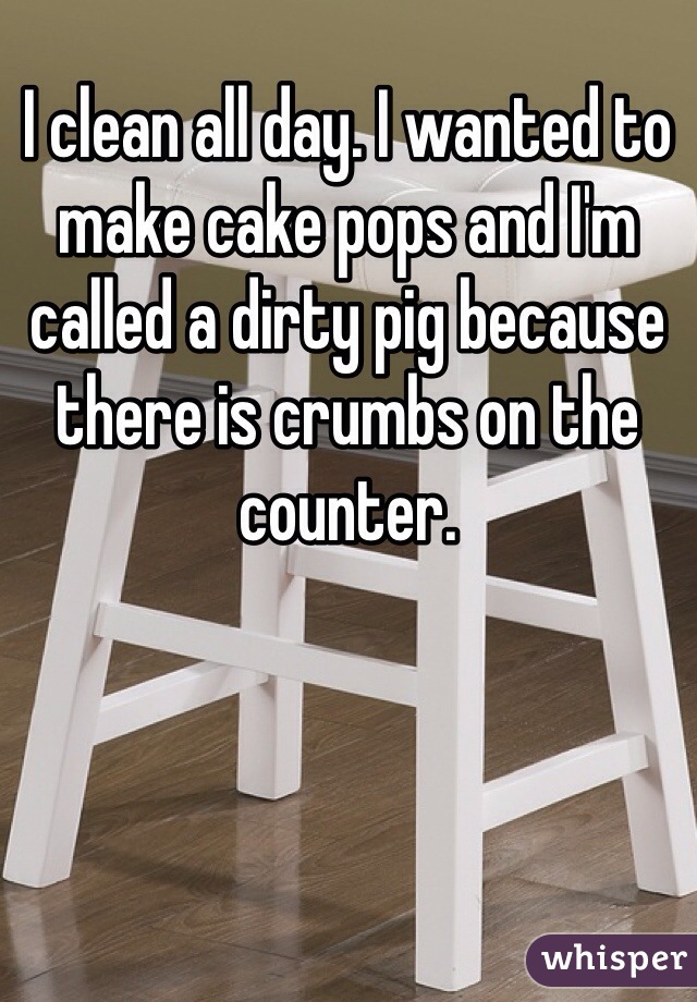 I clean all day. I wanted to make cake pops and I'm called a dirty pig because there is crumbs on the counter.