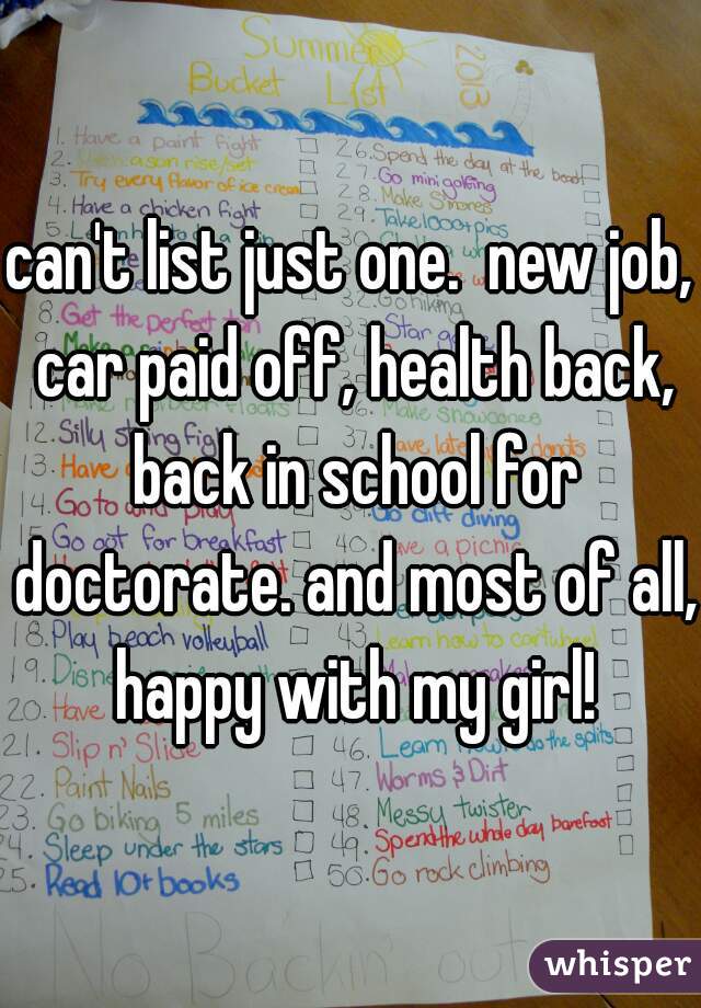 can't list just one.  new job, car paid off, health back, back in school for doctorate. and most of all, happy with my girl!