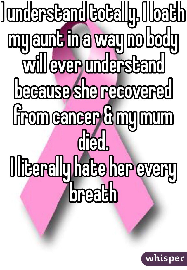 I understand totally. I loath my aunt in a way no body will ever understand because she recovered from cancer & my mum died. 
I literally hate her every breath 