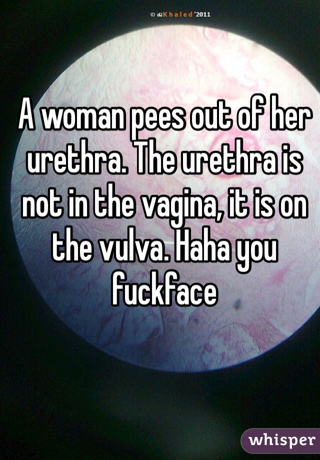 A woman pees out of her urethra. The urethra is not in the vagina, it is on the vulva. Haha you fuckface