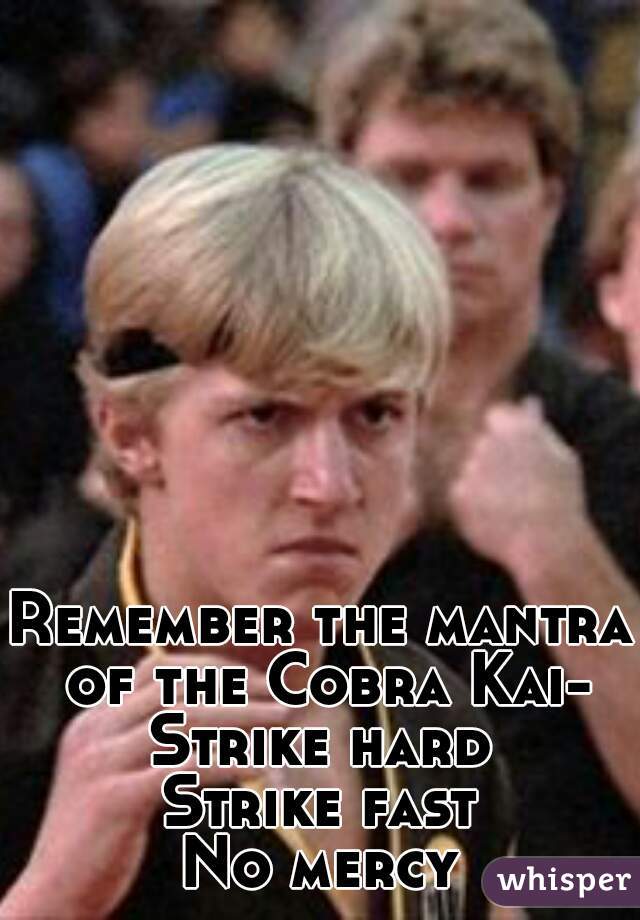 Remember the mantra of the Cobra Kai-
Strike hard
Strike fast
No mercy