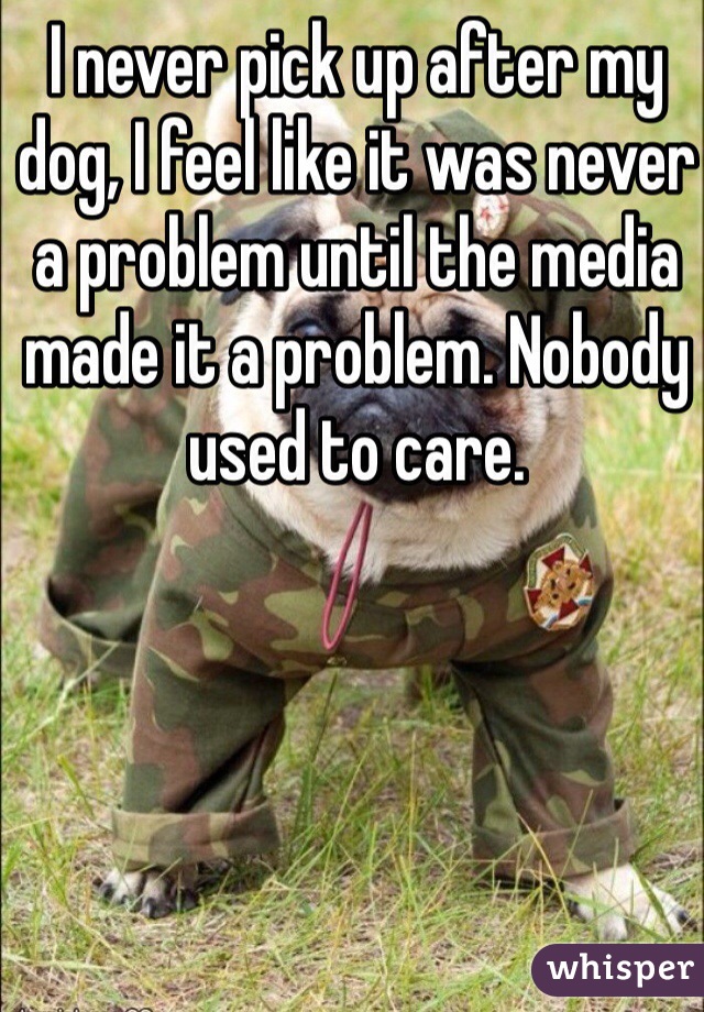 I never pick up after my dog, I feel like it was never a problem until the media made it a problem. Nobody used to care.