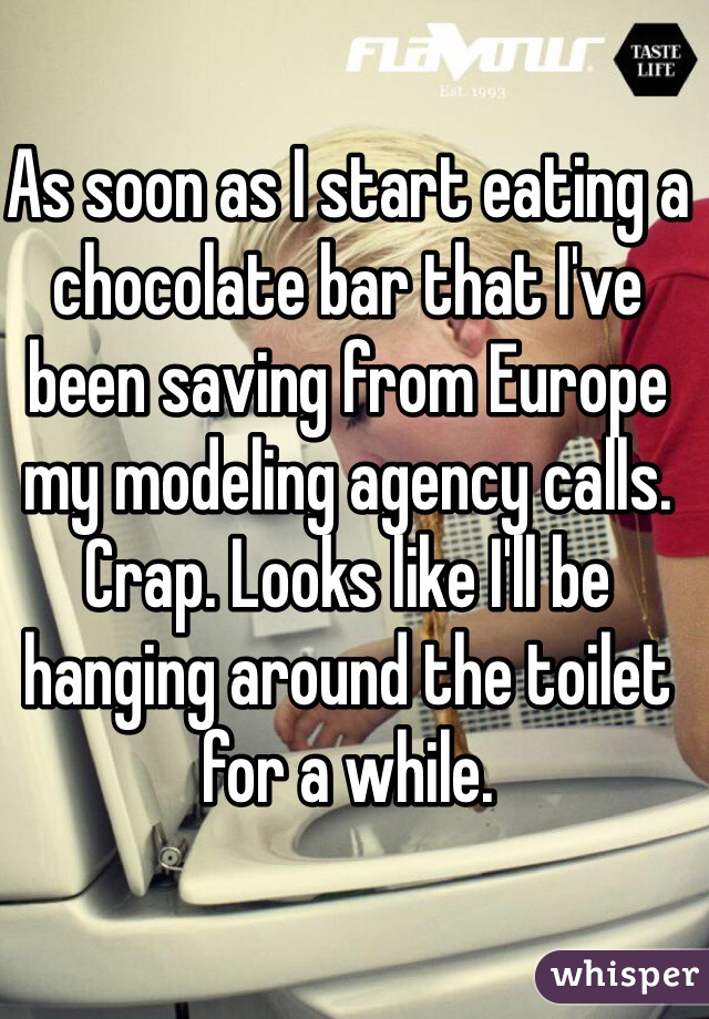 As soon as I start eating a chocolate bar that I've been saving from Europe my modeling agency calls. Crap. Looks like I'll be hanging around the toilet for a while. 