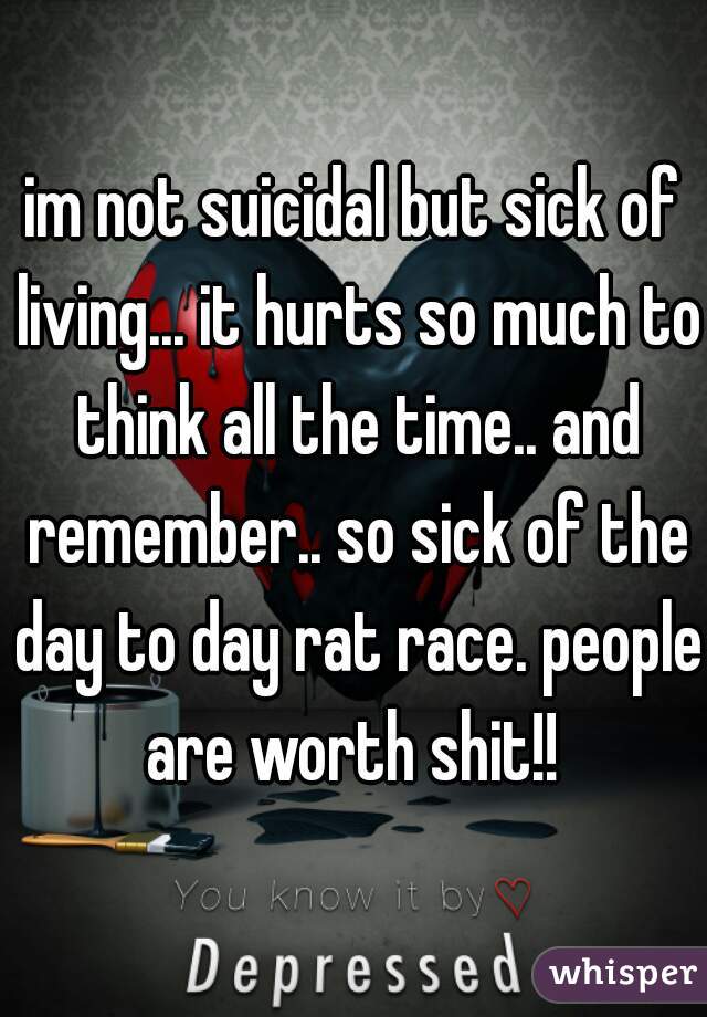 im not suicidal but sick of living... it hurts so much to think all the time.. and remember.. so sick of the day to day rat race. people are worth shit!! 