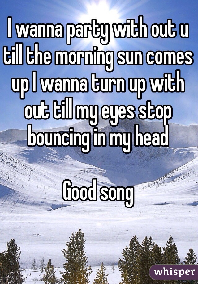 I wanna party with out u till the morning sun comes up I wanna turn up with out till my eyes stop bouncing in my head 

Good song 