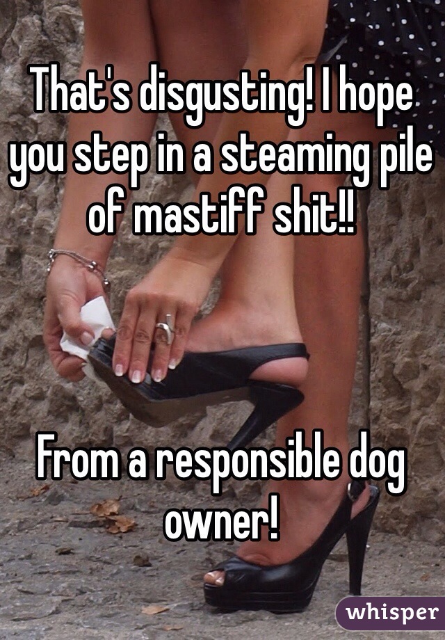 That's disgusting! I hope you step in a steaming pile of mastiff shit!!



From a responsible dog owner!
