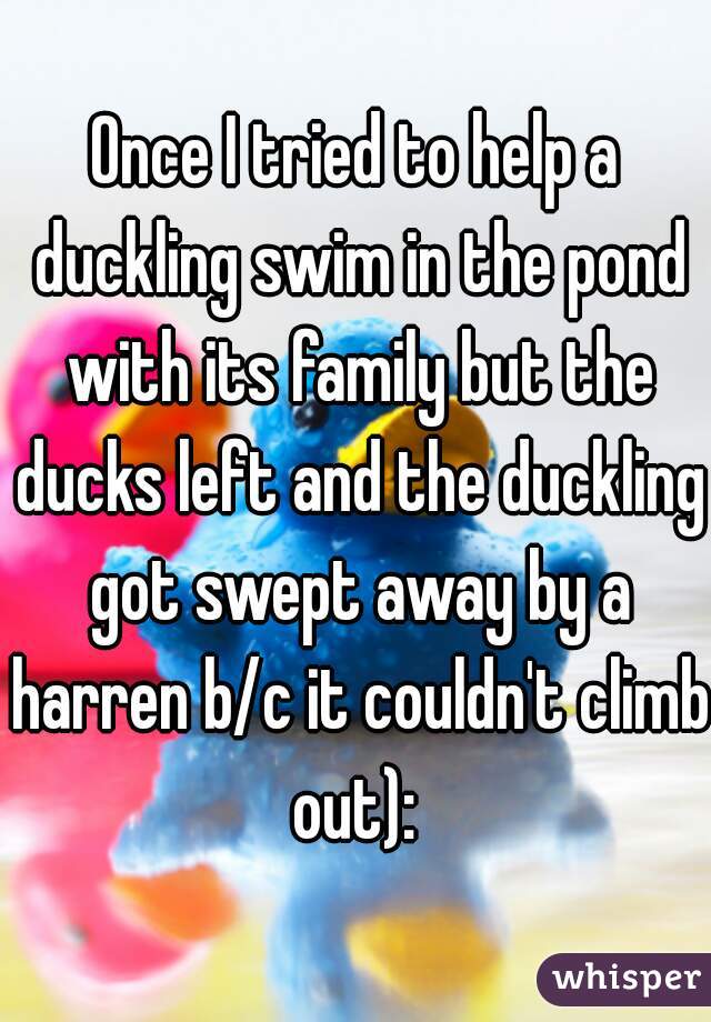 Once I tried to help a duckling swim in the pond with its family but the ducks left and the duckling got swept away by a harren b/c it couldn't climb out): 