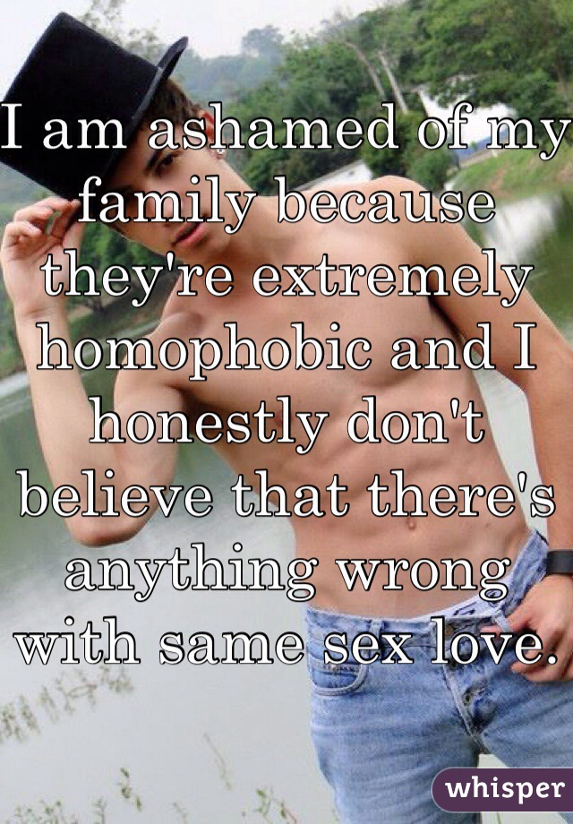 I am ashamed of my family because they're extremely homophobic and I honestly don't believe that there's anything wrong with same sex love.