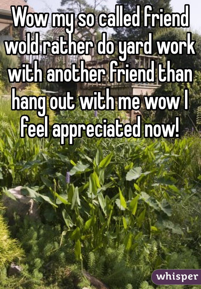 Wow my so called friend wold rather do yard work with another friend than hang out with me wow I feel appreciated now! 