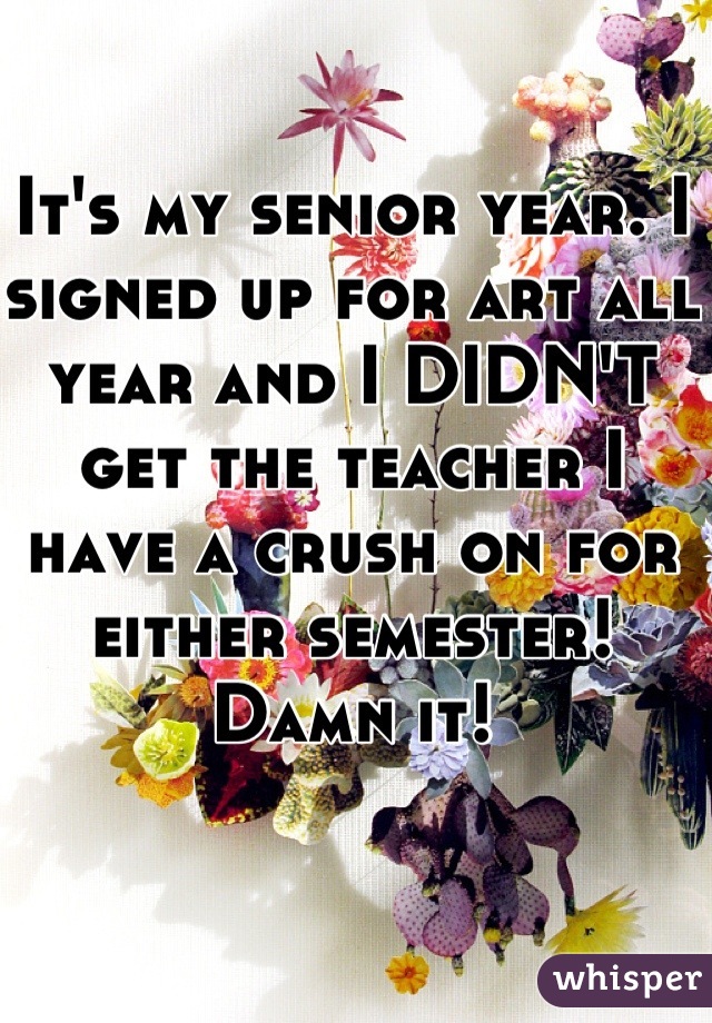 It's my senior year. I signed up for art all year and I DIDN'T get the teacher I have a crush on for either semester!
Damn it!