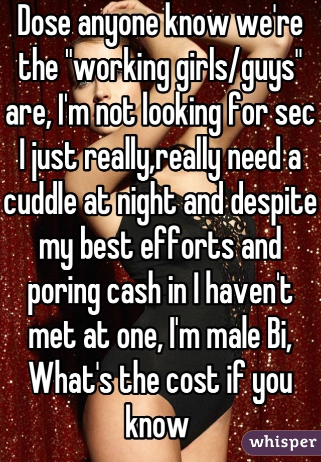 Dose anyone know we're the "working girls/guys" are, I'm not looking for sec I just really,really need a cuddle at night and despite my best efforts and poring cash in I haven't met at one, I'm male Bi,
What's the cost if you know 