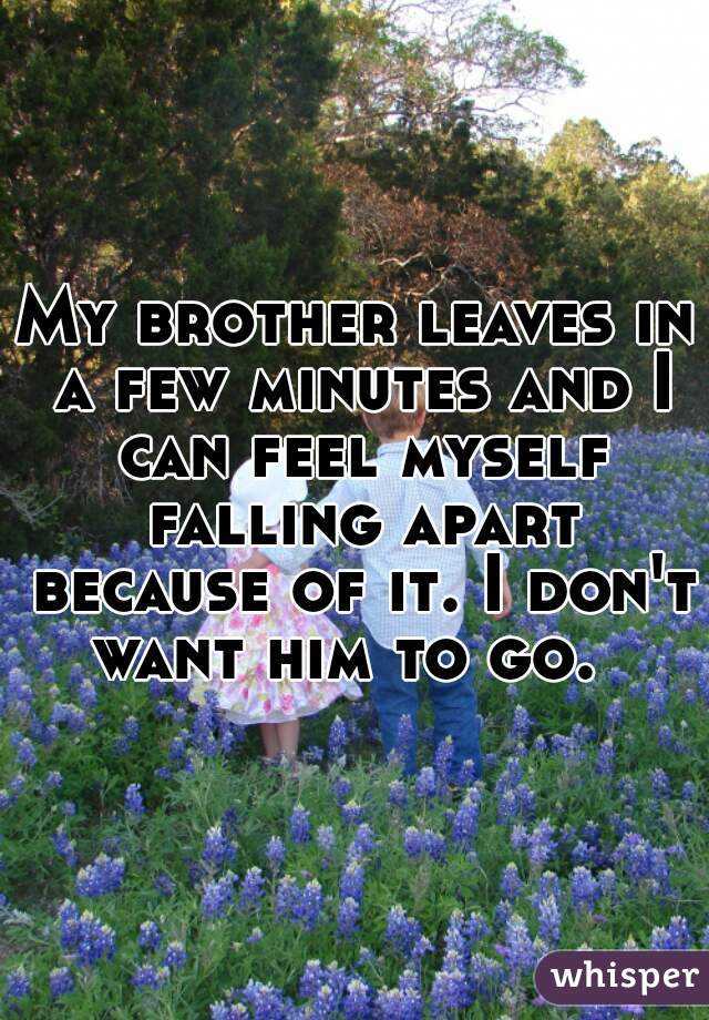 My brother leaves in a few minutes and I can feel myself falling apart because of it. I don't want him to go.  

