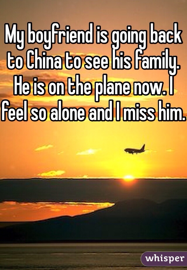 My boyfriend is going back to China to see his family. He is on the plane now. I feel so alone and I miss him.