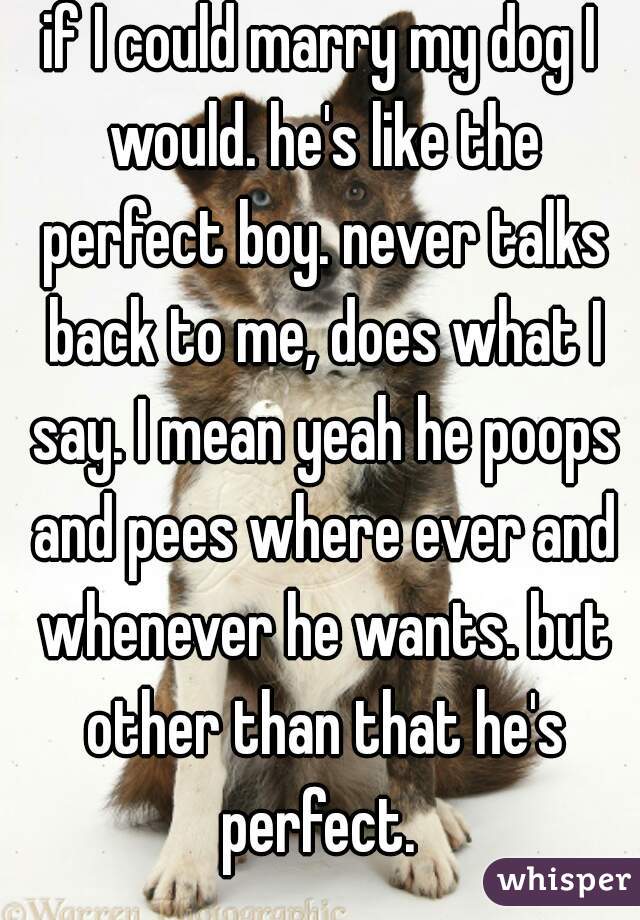 if I could marry my dog I would. he's like the perfect boy. never talks back to me, does what I say. I mean yeah he poops and pees where ever and whenever he wants. but other than that he's perfect. 