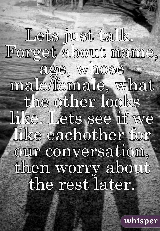 Lets just talk. Forget about name, age, whose male/female, what the other looks like. Lets see if we like eachother for our conversation, then worry about the rest later.
