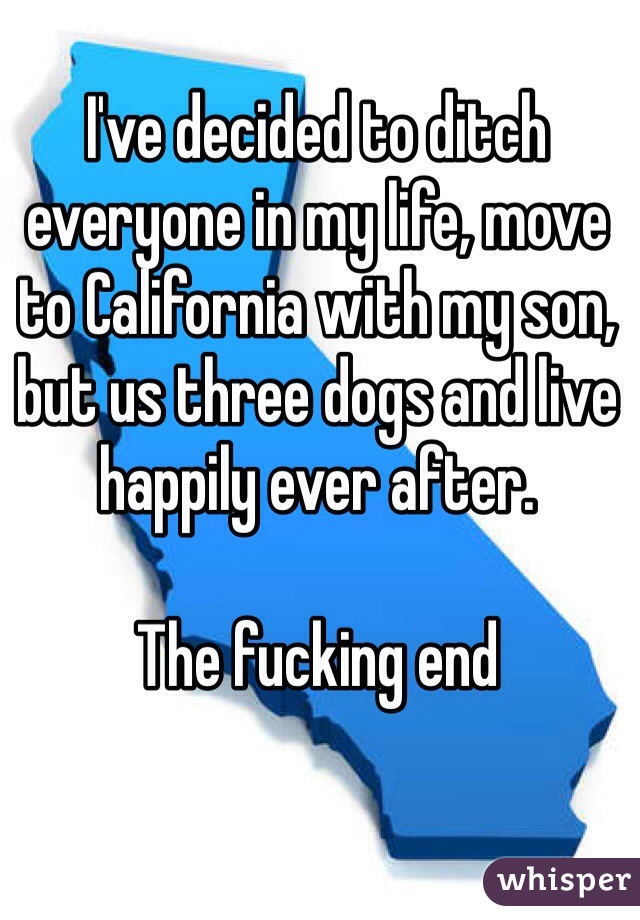 I've decided to ditch everyone in my life, move to California with my son, but us three dogs and live happily ever after. 

The fucking end 