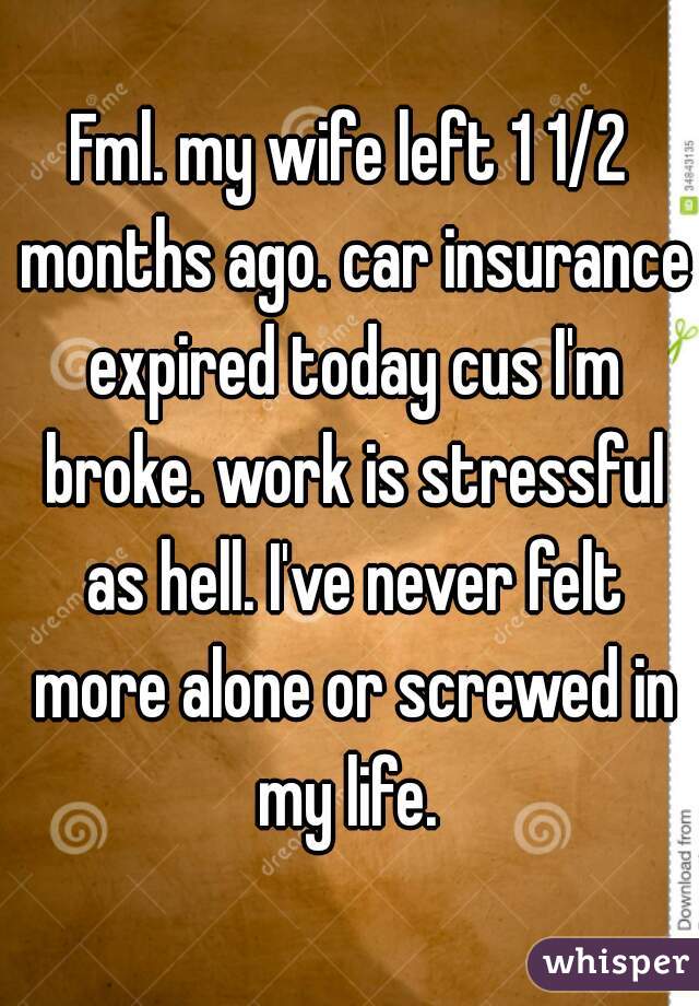 Fml. my wife left 1 1/2 months ago. car insurance expired today cus I'm broke. work is stressful as hell. I've never felt more alone or screwed in my life. 