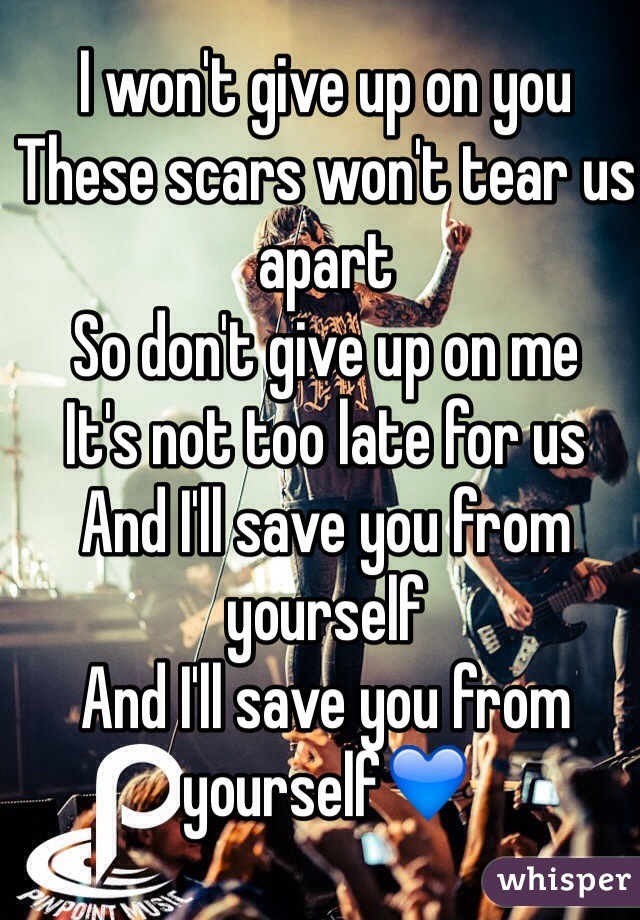 I won't give up on you
These scars won't tear us apart
So don't give up on me
It's not too late for us
And I'll save you from yourself
And I'll save you from yourself💙