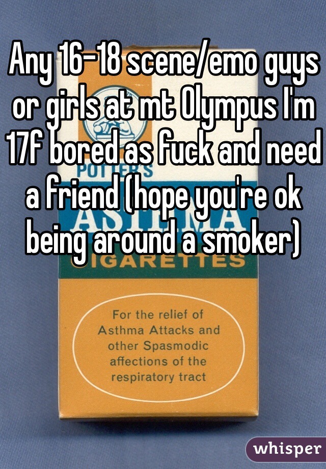 Any 16-18 scene/emo guys or girls at mt Olympus I'm 17f bored as fuck and need a friend (hope you're ok being around a smoker) 