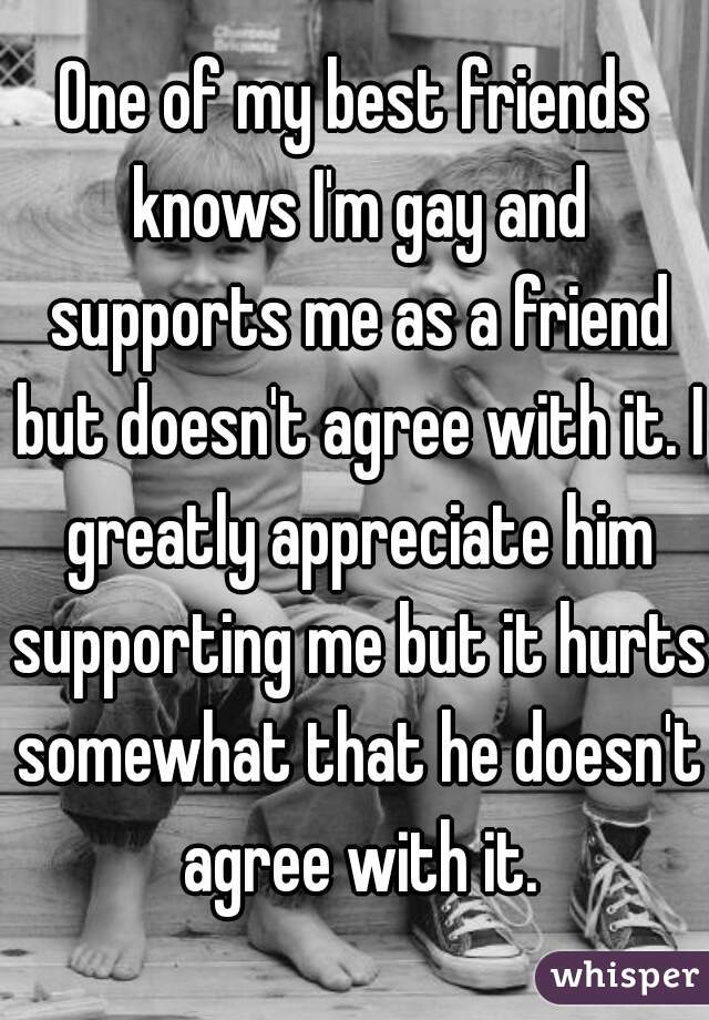 One of my best friends knows I'm gay and supports me as a friend but doesn't agree with it. I greatly appreciate him supporting me but it hurts somewhat that he doesn't agree with it.