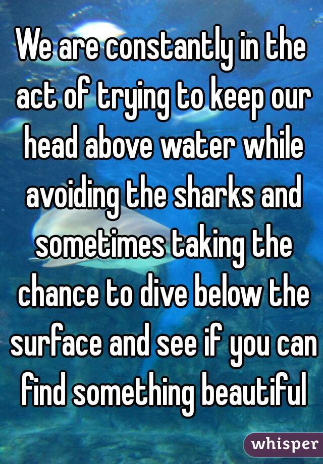 We are constantly in the act of trying to keep our head above water while avoiding the sharks and sometimes taking the chance to dive below the surface and see if you can find something beautiful