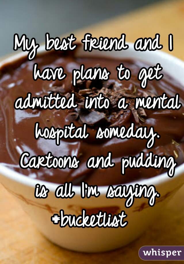 My best friend and I have plans to get admitted into a mental hospital someday. Cartoons and pudding is all I'm saying. #bucketlist  