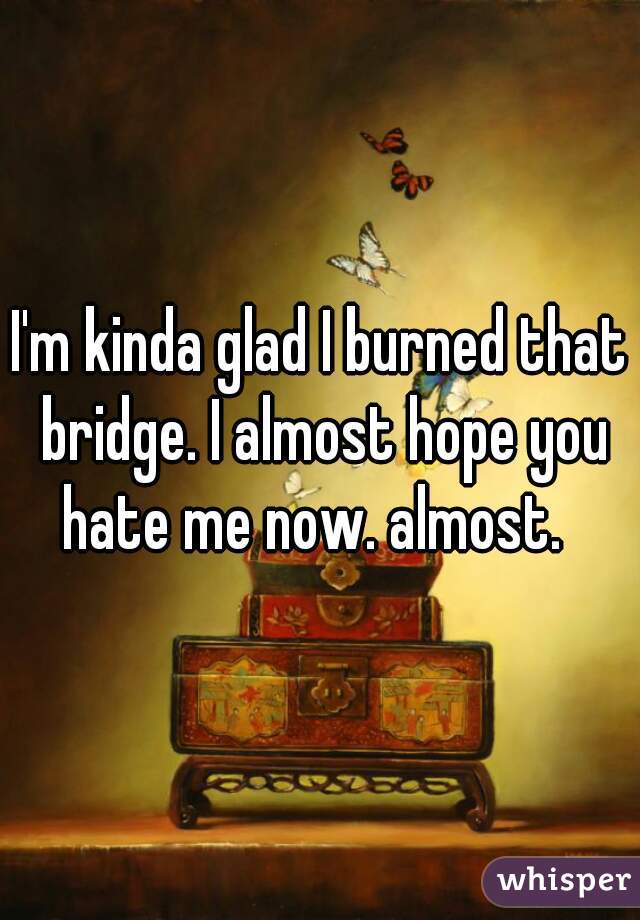 I'm kinda glad I burned that bridge. I almost hope you hate me now. almost.  