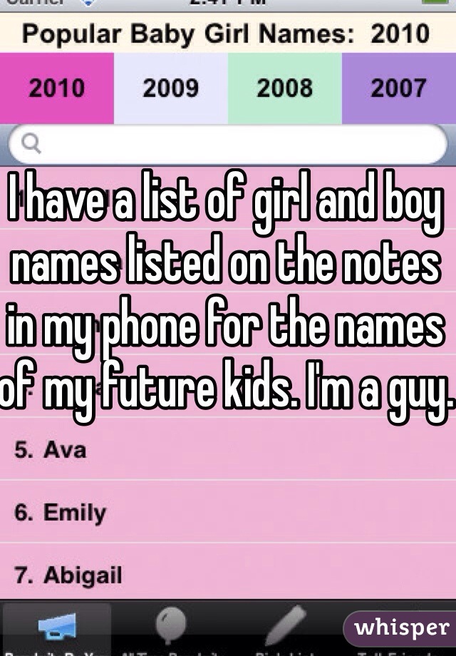 I have a list of girl and boy names listed on the notes in my phone for the names of my future kids. I'm a guy.