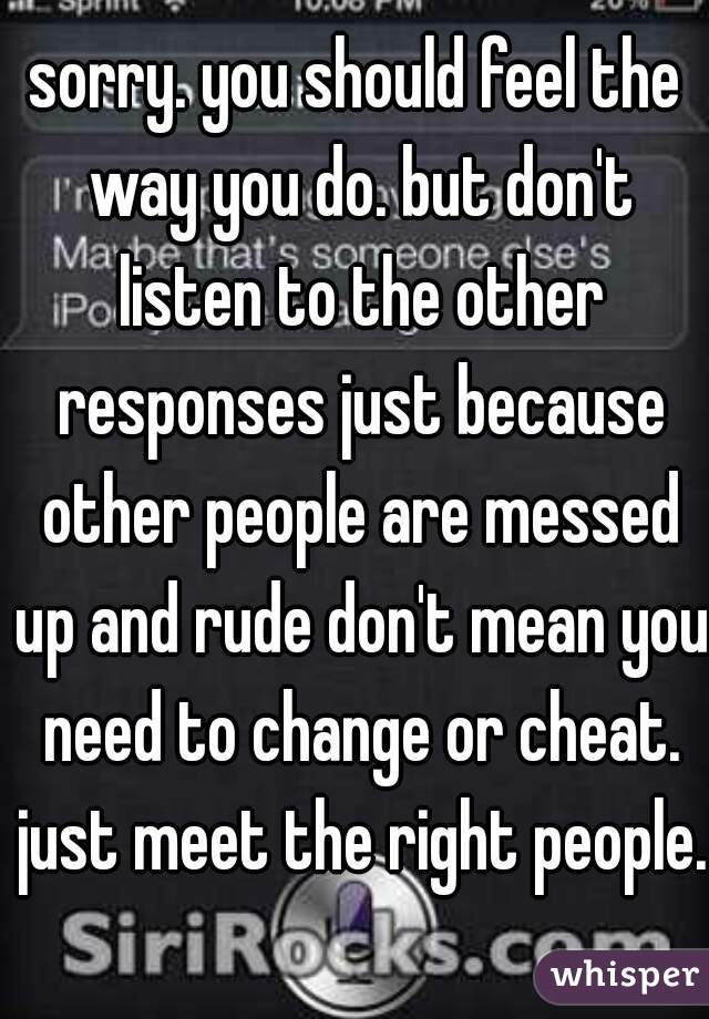 sorry. you should feel the way you do. but don't listen to the other responses just because other people are messed up and rude don't mean you need to change or cheat. just meet the right people. 