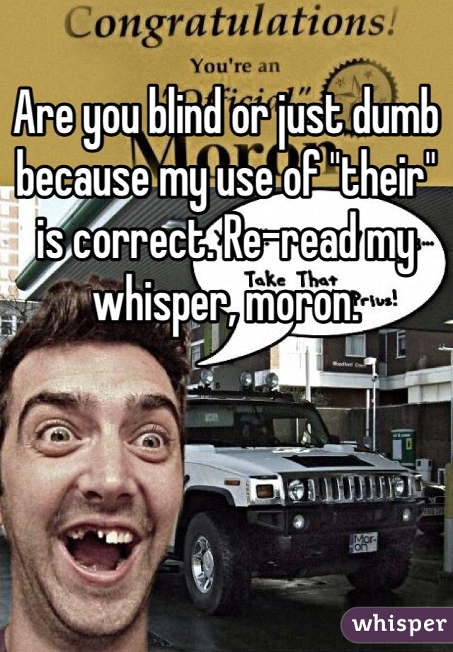 Are you blind or just dumb because my use of "their" is correct. Re-read my whisper, moron. 