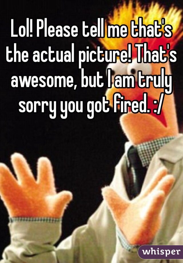 Lol! Please tell me that's the actual picture! That's awesome, but I am truly sorry you got fired. :/
